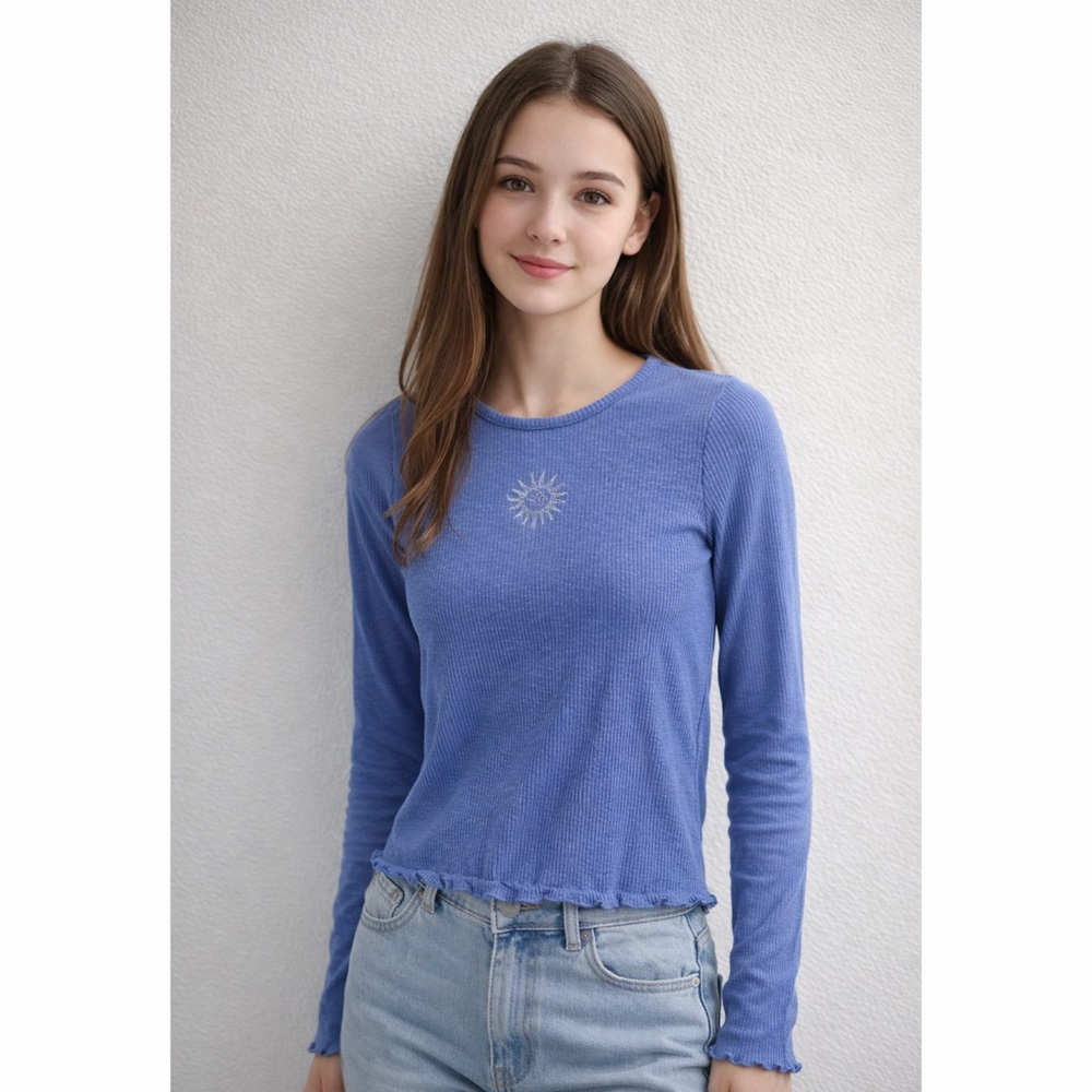 Art Class Blue Ribbed Long‎ Sleeve Sun Top XL 14 Girls Stretch Tee